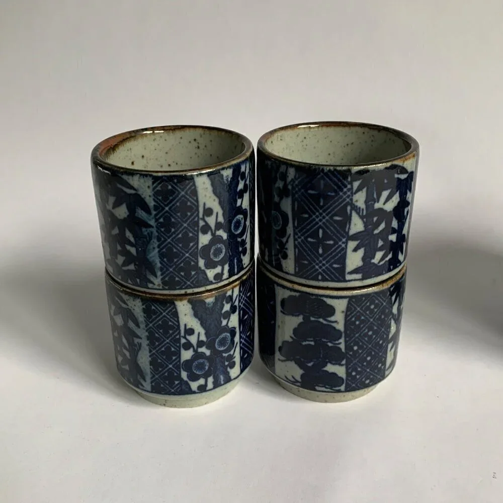 Takahashi Japan Vintage Gray Speckled Blue Bamboo Print Teapot 4 Cups Set